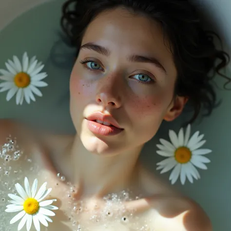 Young woman, light-skinned, with  light blue eyes and freckles,  in a bathtub filled with water, with white flowers (daisies) floating on top of the surface,  high angle close-up view.  A soft, diffused, natural light illuminates the scene, emphasizing the...