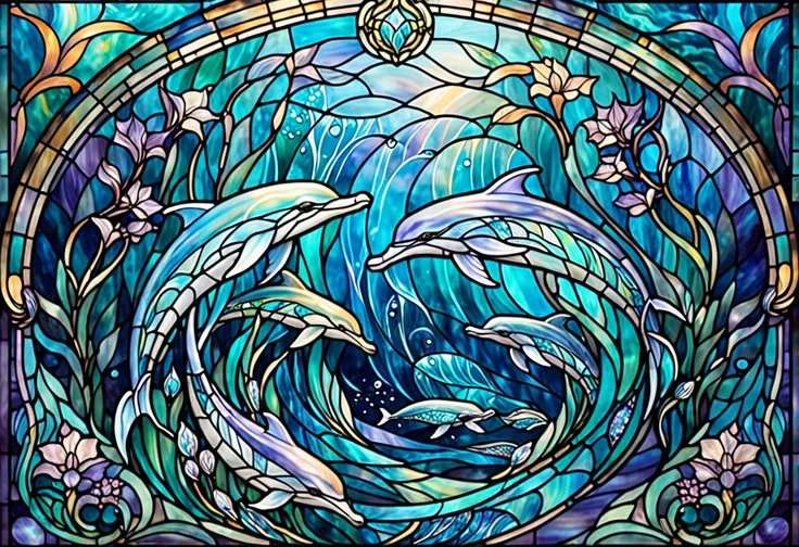 A close up of a stained glass picture featuring many graceful dolphins swimming through an ethereal, dreamlike aquatic realm, Vector art by Meredith Dillman, Shutterstock, Art Nouveau, Cthulhu-inspired, anthropomorphic dolphins, vibrant flowing forms, levi...