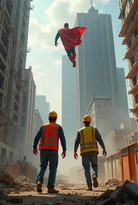  A picture of Messi and Ronaldo working in construction. Suddenly, the buildings started to collapse and they quickly ran away. Superman appeared and saved them 