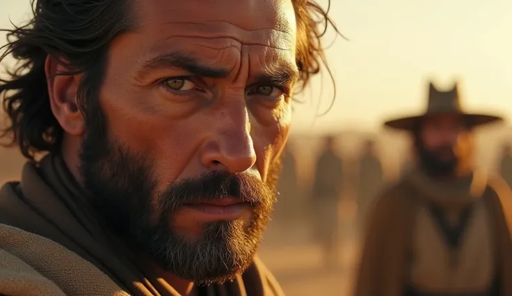 A cinematic close-up of a determined and intense historical figure, with a textured beard and windswept hair, standing under a warm, golden light. His piercing eyes reflect focus and emotion, with the rugged details of his face highlighted by natural shado...