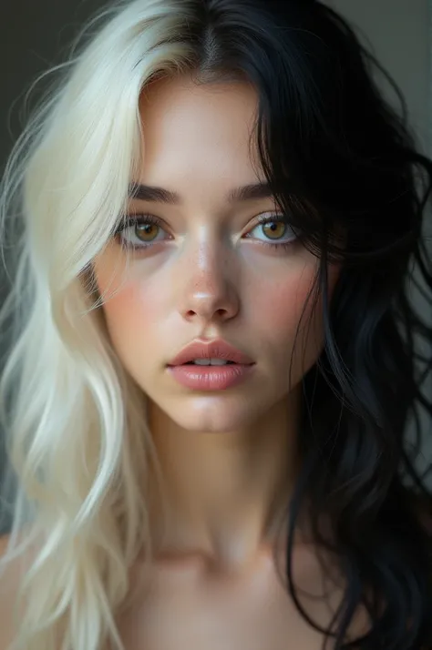  Girl with black hair and platinum locks, with elegant style and tender look  