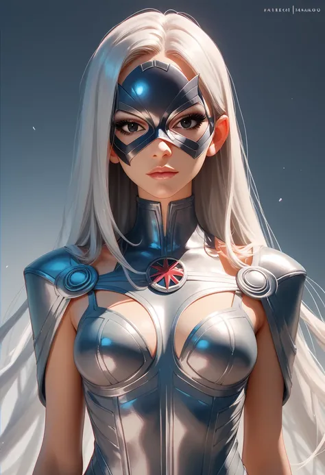  Her costume is complemented by a long silky silver wig   ,   as well as Marvels stylized black eye mask   . 