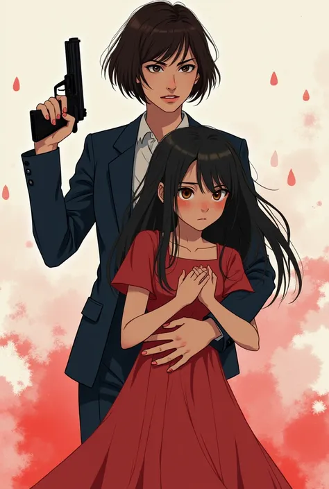  a cover of a book called  "My mistake ,  my love ".  The image must contain two girls :  one with a firearm in her hand ,  She has to be tall  (173cm)  having short hair ,  dark brown shoes,  being wearing a navy blue suit and she has to be hugging the ot...