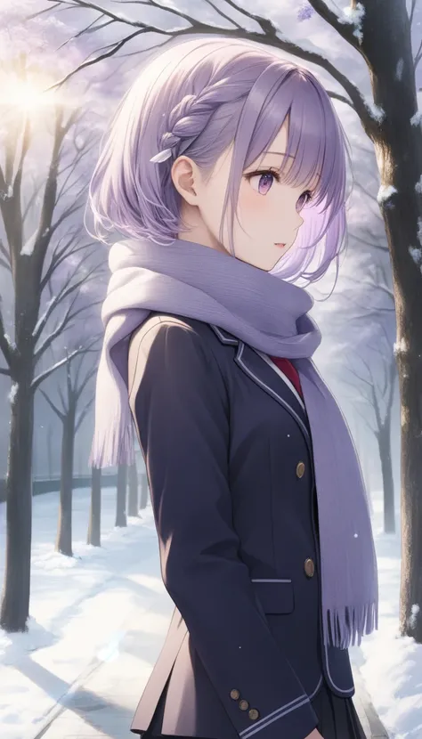  ONE CUTE -OLD GIRL ,Young Face、 slim figure、Thin legs、7.5 heads、((Beautiful purple silver hair ))、( light purple inner color hair )、(( cute little hairstyle with perfectly aligned tips ))、(Her slender body stands out 、Blazer school uniform、 scarf、 black t...