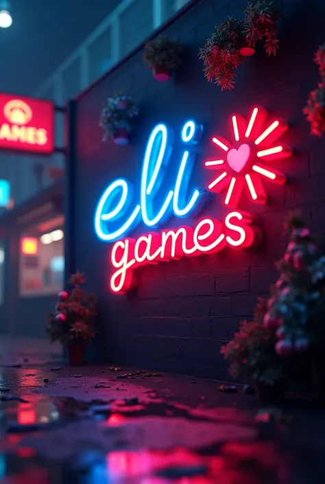 Photo for Pendón where the name is ELI GAMES with a dark background and a neon one where it includes fast food and video games must be wider than it is tall the image