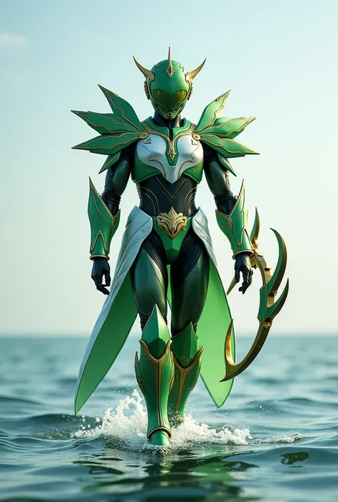 **((CREATE AN IMAGE ABOUT A CHARACTER WALKING ON AN OCEAN PASSING A SEA )** Male Character Design : Closed helmet with visor .
Kamen Rider  :  green and white ,  with gold details ,  representing the connection with nature .
Design:  An armor with organic ...