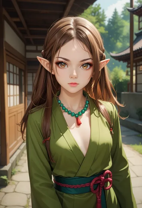 Beautiful elf female, photoreaistic, warrior monk, fair skin, (((long brown hair))), hazel eyes, black eyeliner, ((small breasts)), pointy ears, strong, fit. Wearing green black japanese dress. Japanese village background. Wearing Buddhist bead necklace. K...