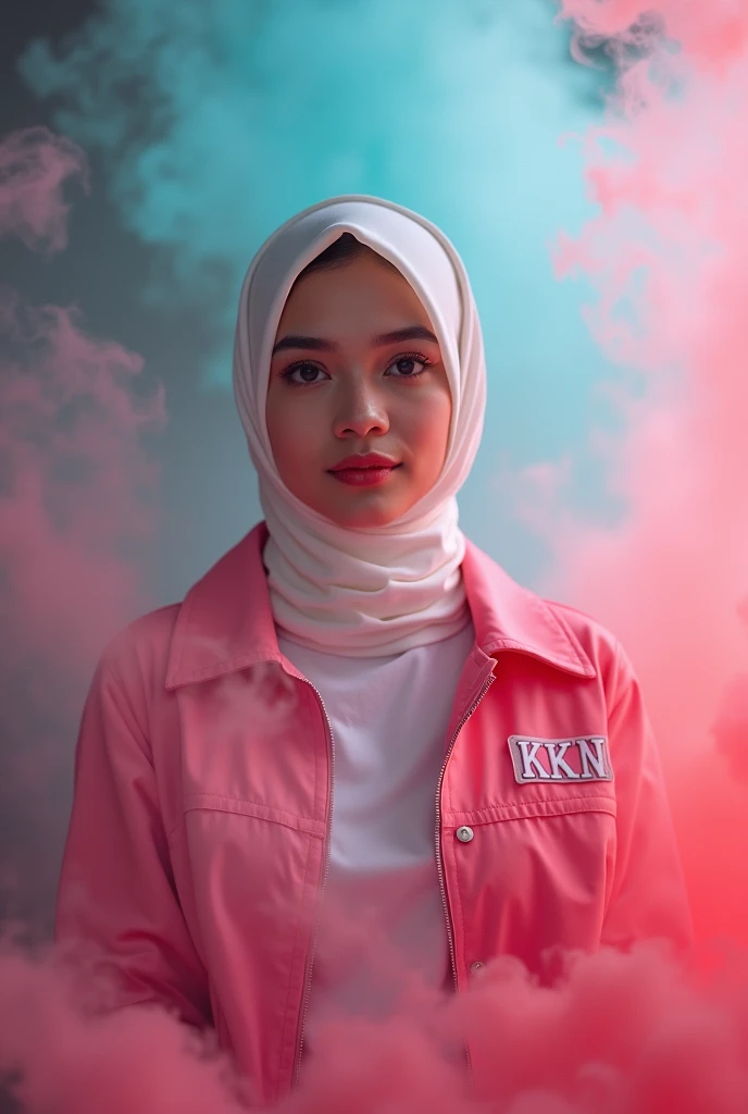  a beautiful Indonesian girl in the room there is smoke billowing behind colorful colors udzlang kece style 
a girl in a white shirt wears a pink jacket with her name on the logo .KKN. wearing white phasmina hijab wearing black jeans 