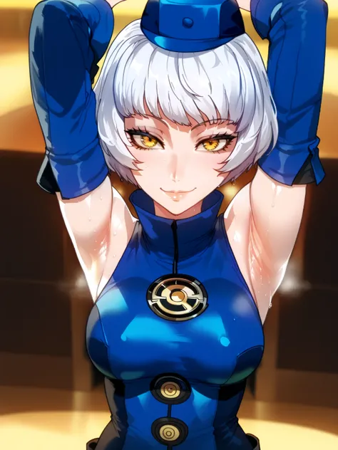 score_9, score_8_up, score_7_up, source_anime, anime screencap, 1girl, solo, elizabeth from persona 3, blue hat, yellow eyes, short hair, white hair, detached sleeves, shirt, blue shirt, turtleneck shirt, arms up, raised arms, armpits, medium breasts, from...