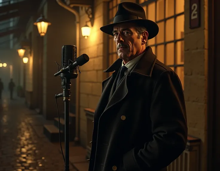 A serene-looking detective with a slightly aged face and firm features, set in a nocturnal urban setting of the 1940s. He wears a black felt fedora hat, slightly tilted, which casts a subtle shadow over his eyes. His long, dark coat, possibly made of wool ...