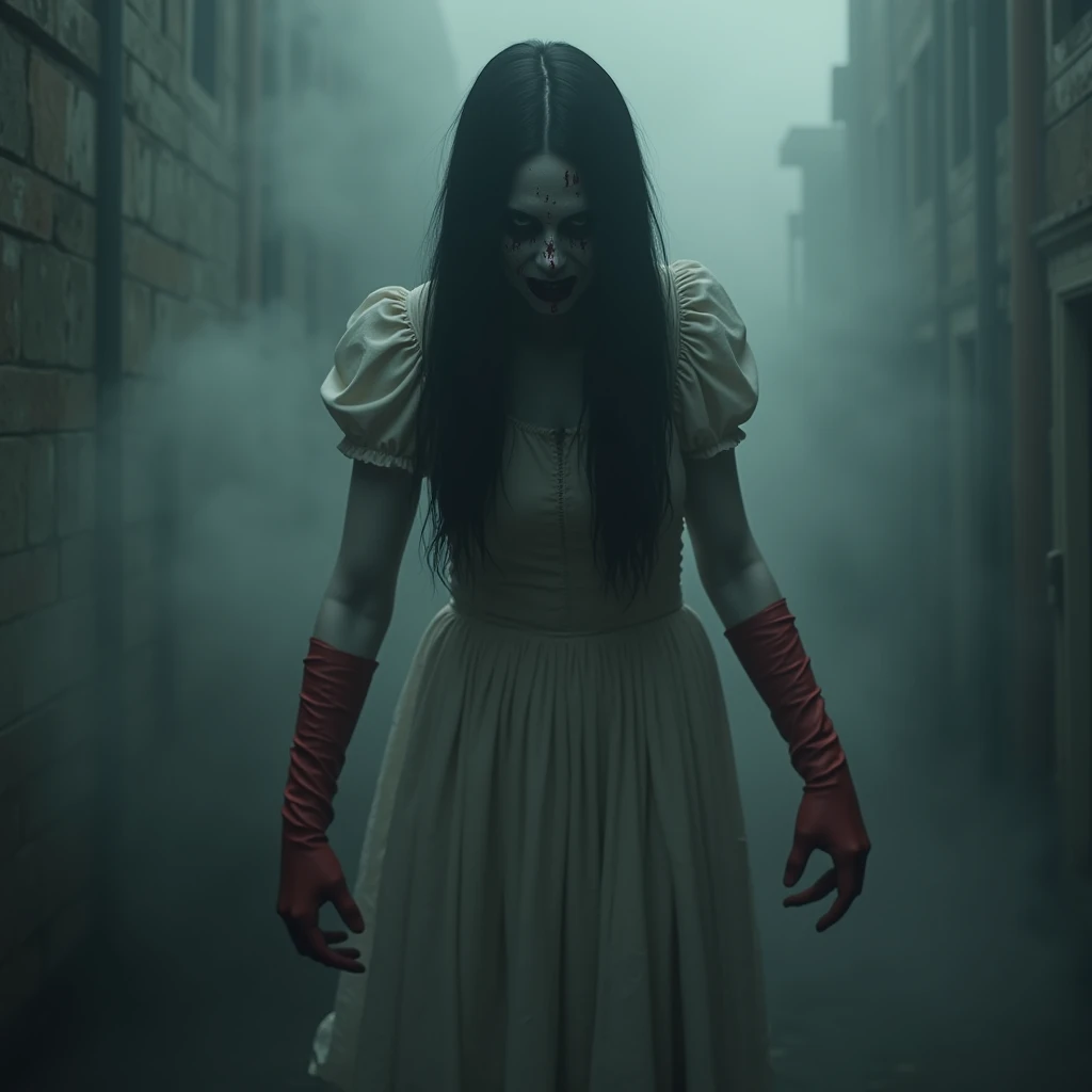   creating a frightening ghost image   ,   wearing an old and dirty white dress and long red latex gloves,  long black hair ,   ,  Deep Black Eyes  ,  Come up to me ，with blood  .   This scene is the scene surrounding   , ，   in the thick dark fog   , 周圍的景...