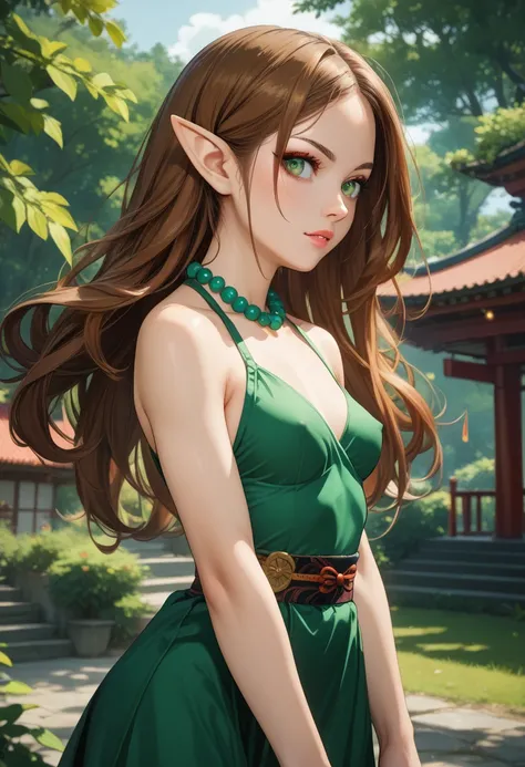 Beautiful elf female, photoreaistic, warrior monk, fair skin, (((long brown hair))), green eyes, black eyeliner, ((small breasts)), pointy ears, strong, fit. Wearing green black japaneae dress. Japanese village background. Wearing Buddhist bead necklace. K...