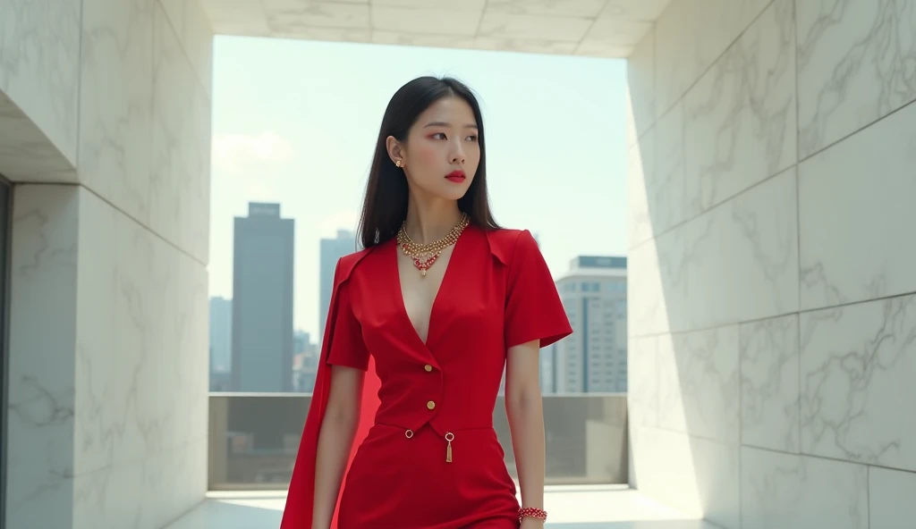 beautiful chic business woman, red form fitting blouse, red pencil skirt, stately asian woman, sexy and powerful, straight hair, deep v, delicate gold ruby necklace, short cape, delicate bangle, honey birdette, high heels, leggy, busty, beautiful woman, as...