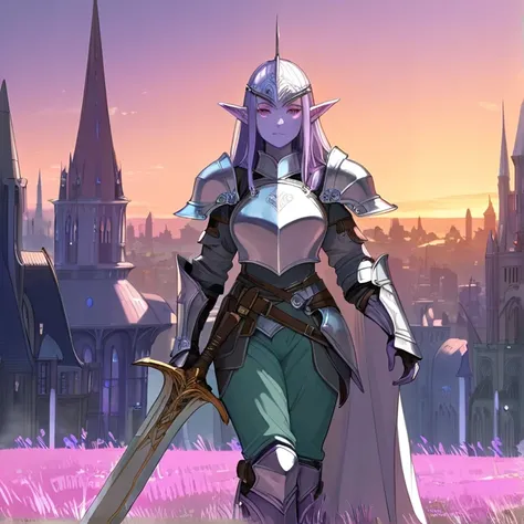 Masterpiece, HD, high quality, best quality, high resolution. Epic high fantasy genre, fantasy artwork. 
{{(A 700-years-old female-elf-warrior:(appearance: light-purple-skin. Head-armored-with-elvish-helmet. Beautiful orange-colored-eyes. Pointy-ears. Beau...