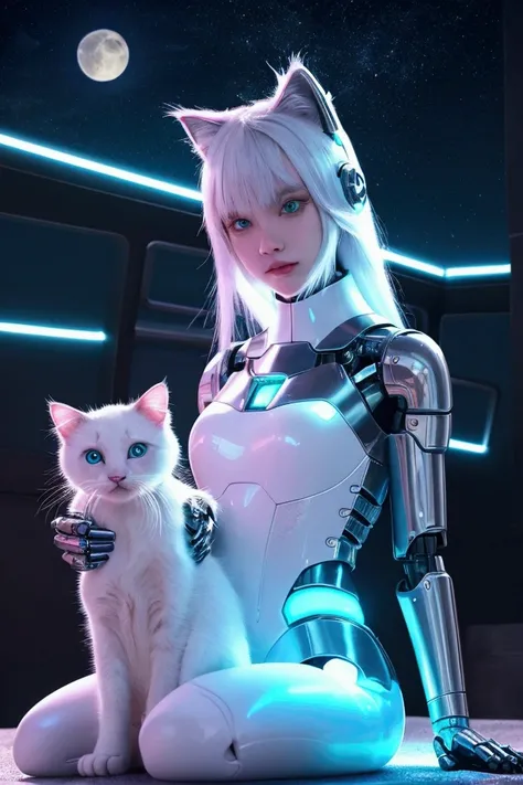 "A futuristic rooftop overlooking a neon-lit city at night, with a white robotic cat (Lio) and a young cybernetic kitten (Lili) sitting under a massive, glowing moon. Lili is pointing at the moon, her holographic whiskers sparkling, while Lios eyes glow so...