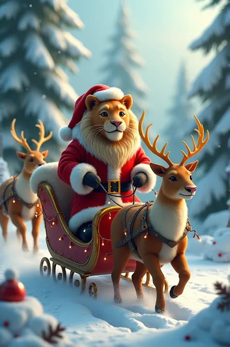 The image of a lion dressed as Santa Claus riding a sleigh and carrying it with two reindeer, and several lights are installed in the sleigh, and the weather is snowy, and the reindeer pulling the sleigh must be in the image, and there must be many trees a...