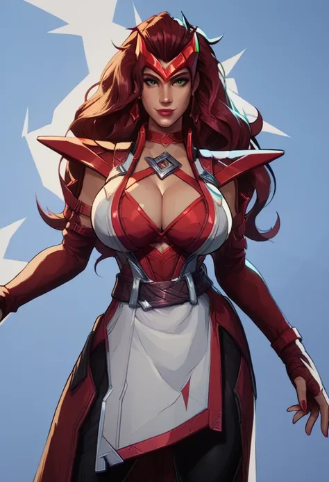 score_9, score_8_up, score_7_up, ScaMarvals, slight smile, green eyes, red nails, (huge breasts:1.2), cleavage, standing, (straight on:1.2), cowboy shot, facing forward, 1girl, solo, long hair, green eyes,looking at viewer, standing, red hair, brown hair, ...