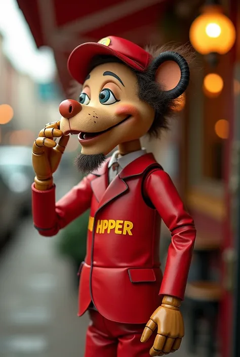 A puppet with the color brown with the red uniform written hipper drinks