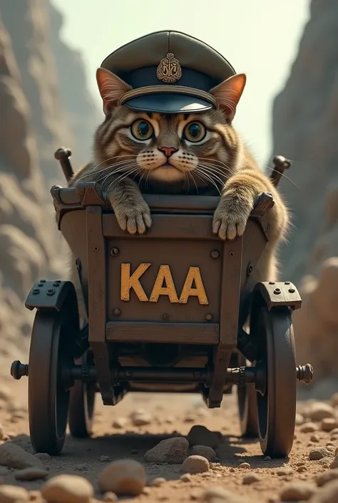 The cat only sticks its face out of the upper part of the chariot。 costume has the letters kaa on a military uniform hat。KAA letters on the chariot 。The background is a rocky area 。