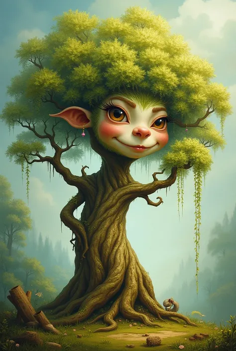 Painting of a tree ,  with a curved face and trunk 