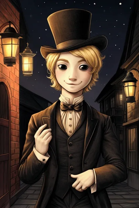 a Victorian-era male healer, Carga big red briefcase , black eyes, blond hair , top hat, elegant suit, little smile , hand over his head clutching his hat , winks an eye, on an old street, old lanterns, dark night, hand-drawing style