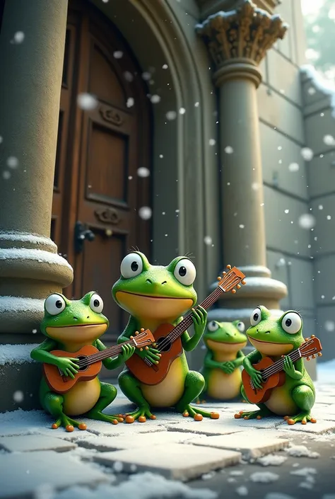 And the frogs are playing the Waylon and the guitar next to a big chert door and the snow is raining too