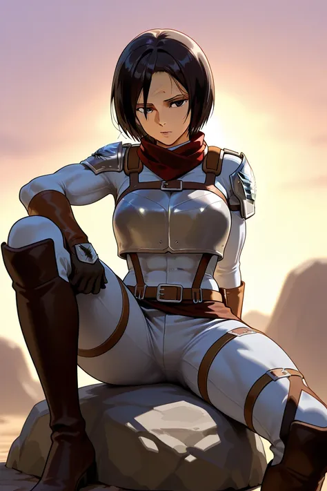  Mikasa Ackerman from Attack on Titan : Mikasa, The strong and silent warrior ,  is sitting on a rock ,  with her short, dark hair falling down her forehead .  She wears a combat suit that reveals her toned muscles,  and her bust is highlighted by the posi...