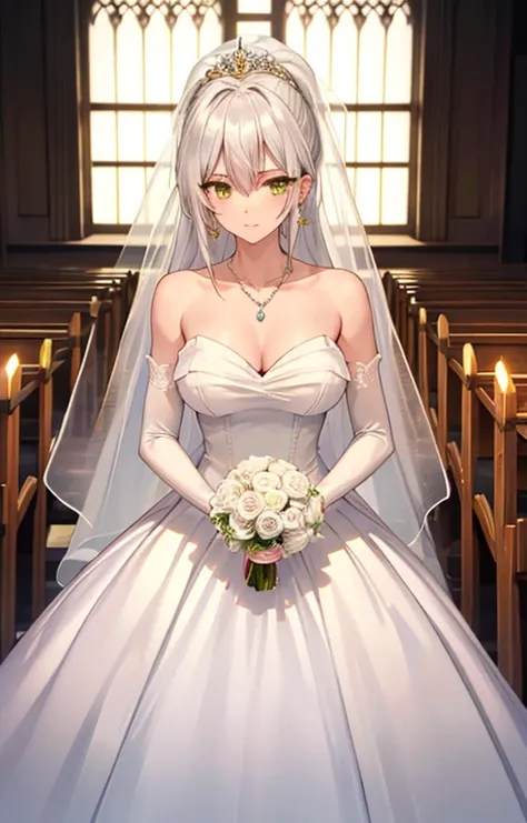 1girl, solo, hanazono shizuma, silver hair, very long hair, bangs, ponytail, green eyes, large breasts, golden eyes, eyelashes, eyeshadow, glitterw3d, dress, bare shoulders, white dress, strapless, strapless dress, wedding dress, glittery, at a church, alt...