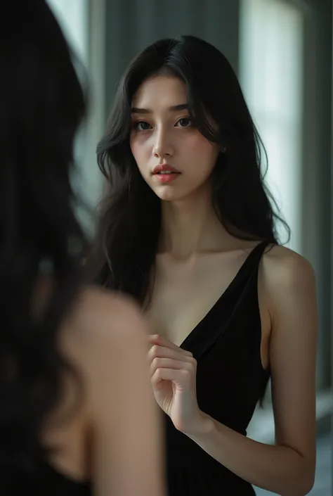 Make a Korean woman with long hair black, wearing a black dress taking a picture in the mirror  