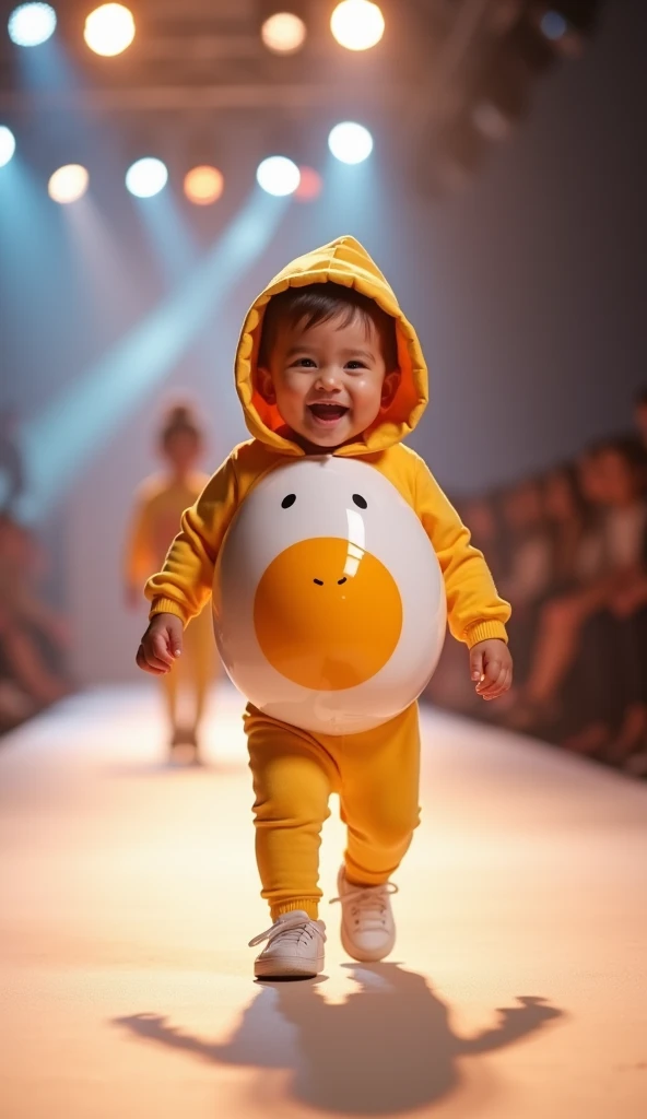 {Photograph of a very cute and adorable baby walking down a fashion runway, wearing a highly realistic and imaginative egg-themed costume during a vibrant rens fashion show. The baby walks with small, playful steps, smiling brightly at the camera with a he...