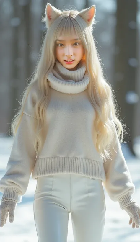 (最  High Quality  ,8k,​masterpiece), straight blonde hair と手, live-action :1.5, straight blonde hair , Japanese 26 Year Old Female  ,  Wolf Cut Blonde   :1.5, Sideways Claw Pose :2.0, Winter Clothes for Women White Fitted Psyche Stretch Pants and Sweaters,...