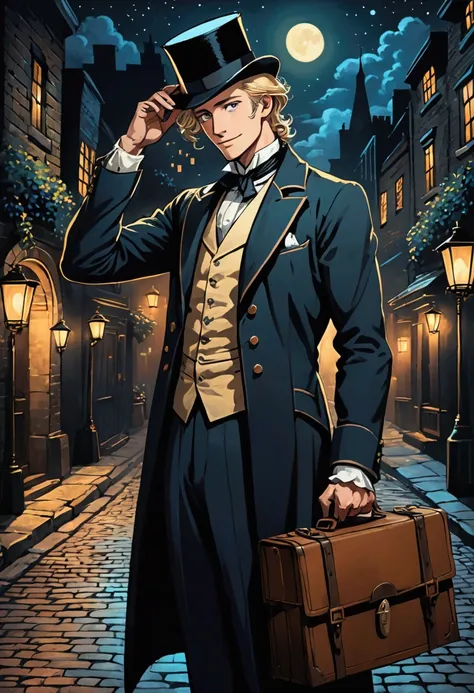  a Victorian-era male healer, Load large briefcase ,  black eyes,  blond hair ,  top hat, elegant suit,  little smile ,  hand over his head clutching his hat , winks an eye,  on an old street, old lanterns, dark night,  hand drawing style