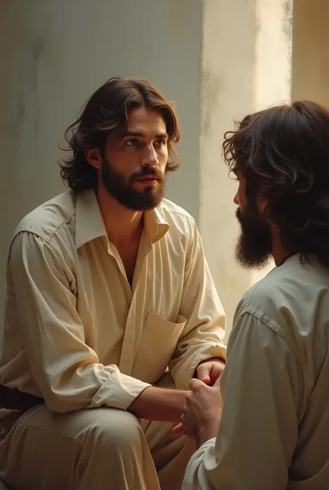 It features the rich young man leaning forward slightly with an emotion on his face  ,  showing a gesture of anticipation as he seeks clear guidance for his spiritual life with Jesus .
