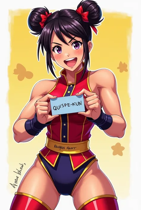 Capcoms Chun Li holding a card that says QUISPE-KUN with both hands and is excited 