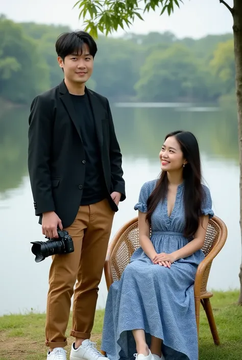  A young Korean handsome man 33 years old , wearing a black shirt,  black blazer and brown fabric pants , white shoes,  standing , holding camera ,  and smiling thinly ,  alongside a beautiful Thai woman , long haired,  wearing long wave print dress ,  blu...