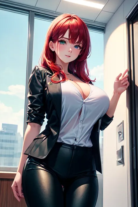 (( Best Quality )), (( Masterpiece)), ( Detailed ), 1 girl, (( with tight pants )), (( park background with a black jacket)), ((white blouse)), ((neckline)), (( big breasts)), (( Green and red hair )),(( beautiful eyes )), ( entering an office door), (29 y...