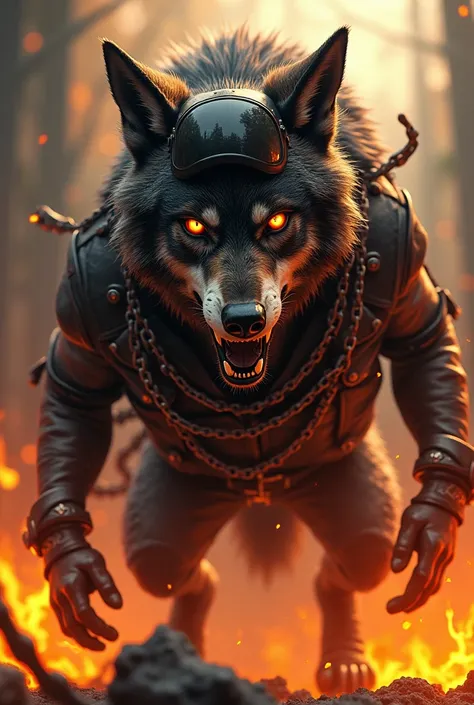 A diabolical and strong wolf 
with eyes of hate and flames around and motorcycle helmet and leather jacket with chains