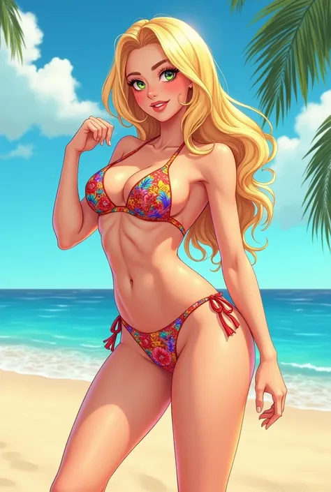  A full body cartoon or anime style illustration of a sexy blonde woman with fair skin,  with an elegant bikini .  Her hair is long and flowing ,  and her pose is confident and playful ,  emphasizing her attractive figure . The bikini is vibrant ,  with br...