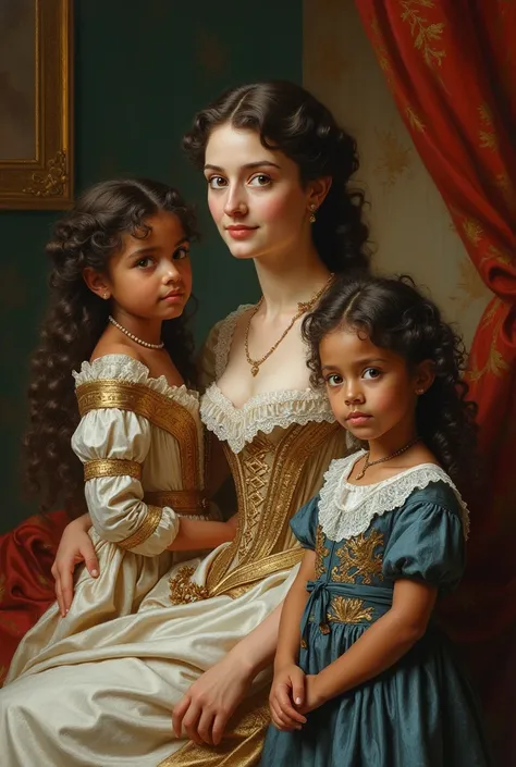 A middle-aged White French woman with dark brown curly hair and striking blue eyes, dressed in an elegant 1700s revolutionary style royal gown, is seated gracefully. Beside her are her ren: a young woman with dark brown curls, mixed black skin, and captiva...