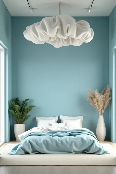 Bedroom with meditation blue and white walls with cloud roof made of cotton 