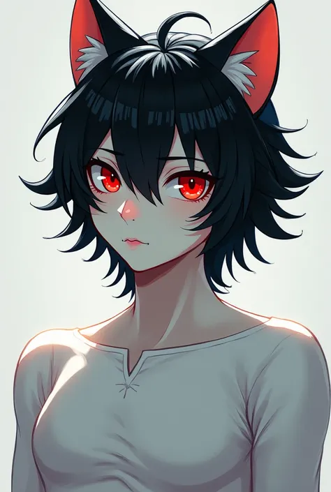 Black hair, anthro catboy, no piercings, white fur, red eyes, pink nose