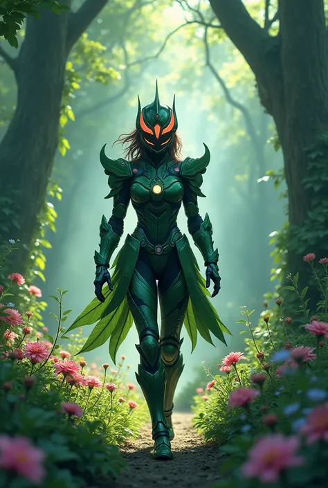 **((CREATE AN IMAGE ABOUT A CHARACTER WALKING THROUGH A FOREST PASSING A LARGE NATURAL AND FLOWERY GARDEN )** Female Character Design  : Closed helmet with visor .
Kamen Rider  :  green and white ,  with gold details ,  representing the connection with nat...