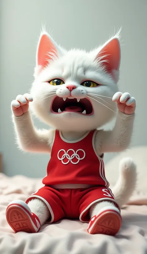 In cinematic 3D style, HD image, realistic image ,colourful image.
Character, teenage white cat Both legs are made of steel rods and red sports shoes wearing red sports vest and red sports short white side stripes,5 mark ring Olympic games.
Action,A three ...