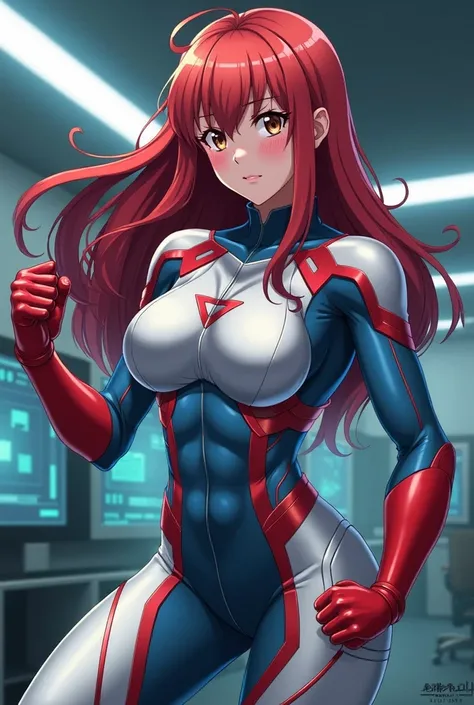   My Hero Academia Style ,   anime girl  , woman, young woman ,  full body shot ,( Fighting Stance :1.3), long hair, Red Hair,   Brown Eyes , hero suit, Full Body Suit, silver suit with red and blue details,  Perfect Anatomy  ,  enhanced abs , super detail...