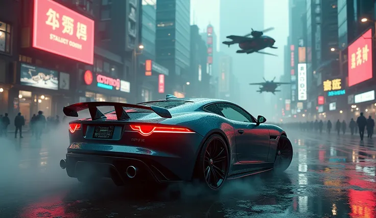 cyberpunk futuristic cityscape, Jaguar sports car, detailed 3d rendering, hyper realistic, cinematic lighting, dramatic camera angle, dramatic color palette, moody atmosphere, neon lights, rain effect, steam and fog, intricate mechanical details, sleek and...