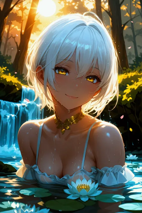 short parted down middle white hair, solo, masterpiece, perfect face,  white short hair, detailed face, detailed eyes, long lashes, adult, mature, (gold eyes), (dynamic angle), beautiful detailed cloud, upper shot, close up, bathing under a water fall in t...