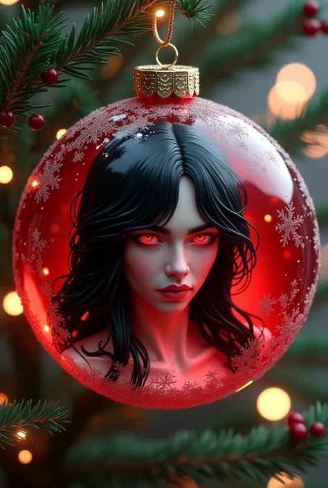  Red Christmas sphere,  to decorate Christmas tree , with a young man with pale skin,  long black hair , Ojos rojos