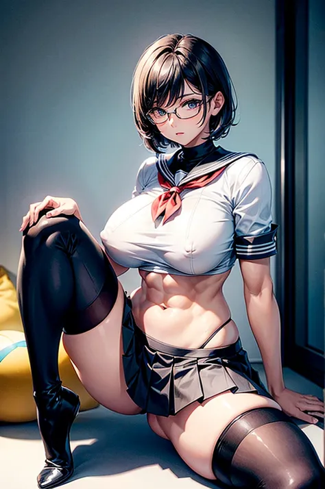 (1 female),(solo),(front),(crouching),(spread legs),BREAK,black short hair,(huge breasts),(beautiful abs:0.9),(muscular legs),(very slim body:),BREAK,black glasses,BREAK,(short sleeved white sailor suit),((hidden nipples)),underboobs,BREAK,(very short gray...