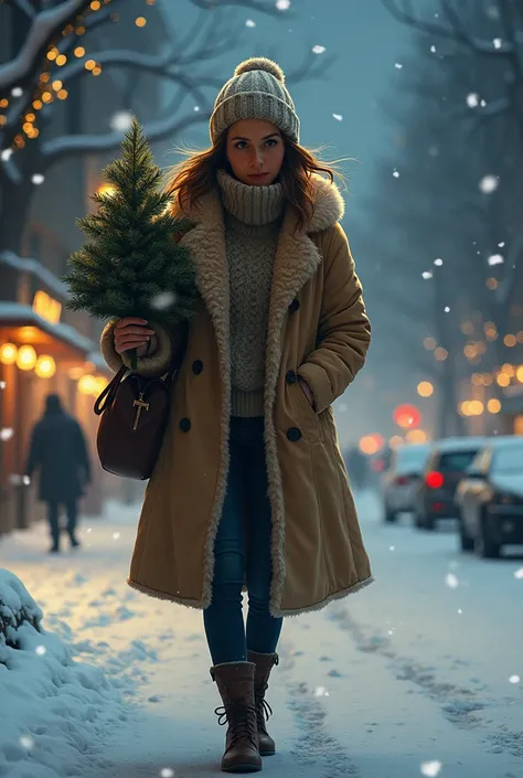 (mujer ) walking on the street at night. With snow falling, carrying a tiny Christmas tree. (Ia) is wearing a fur jacket (color de gusto y lo que quieran añadir a vestimenta)

@angi_avk