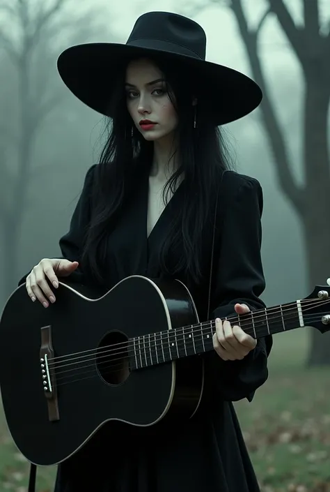 A woman in black dress and pale skin with long black hair wearing a sun hat while having a confused face while holding a black guitar.